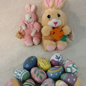 LOT OF 14 – 12 Hand Painted Wood Easter Eggs 2 Plush Easter Bunnies